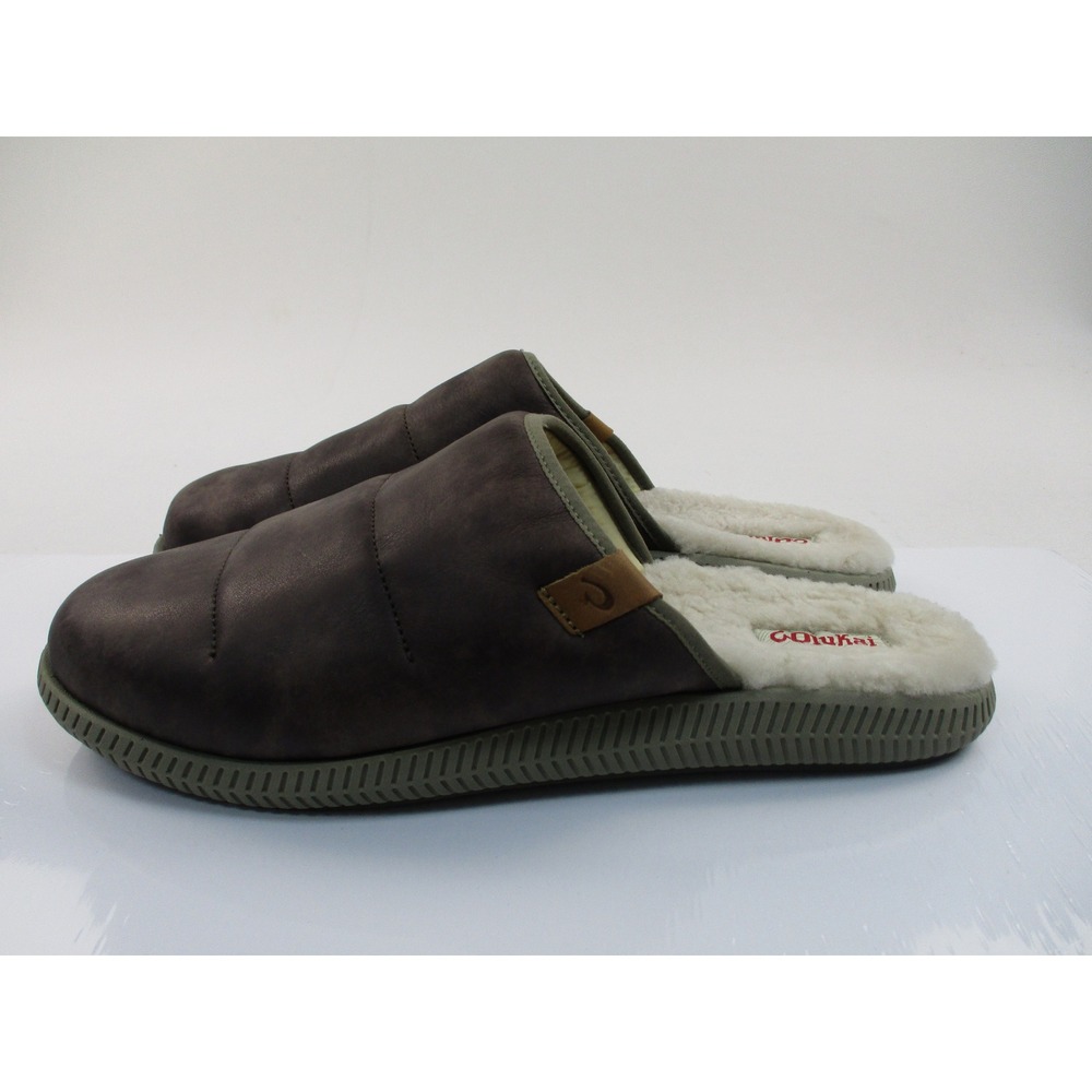 OluKai Mua 'Ili Slippers Mens 14 Brown Leather Shearling Lined Mules 10502-6321 - Picture 3 of 10